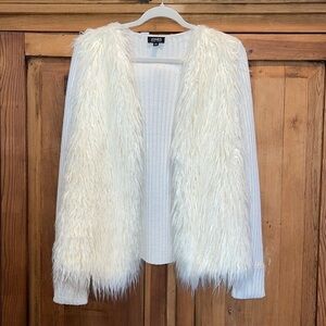 Jones NY Mixed Media Faux Fur Ribbed Knit Boho Chic Cardigan Sz. L
